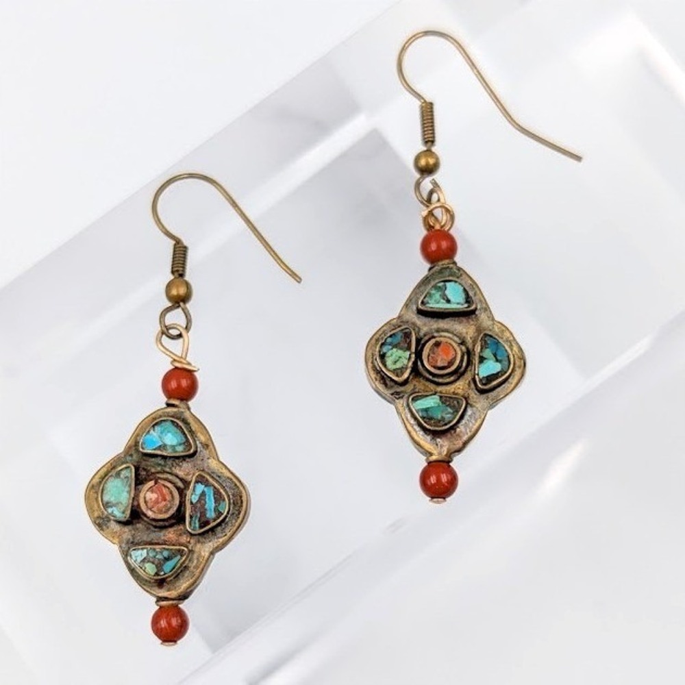 VTG Tibetan Boho Brass Dangle Drop Earrings Faux Turquoise Coral Inlay‎ Festival